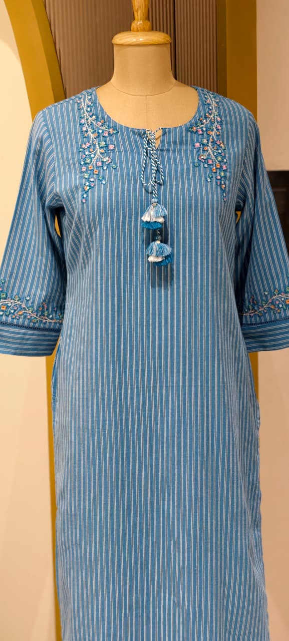 Aqua Bloom Striking Striped Cotton Kurti Only With Minimal Handwork-14342 RB239