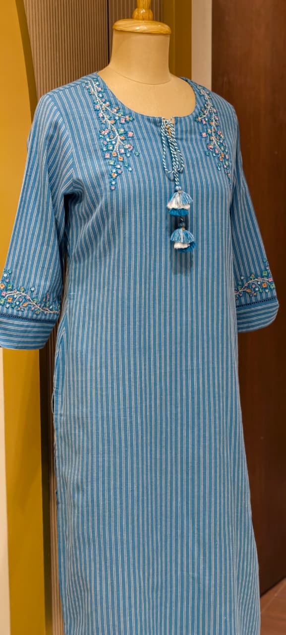 Aqua Bloom Striking Striped Cotton Kurti Only With Minimal Handwork-14342 RB239