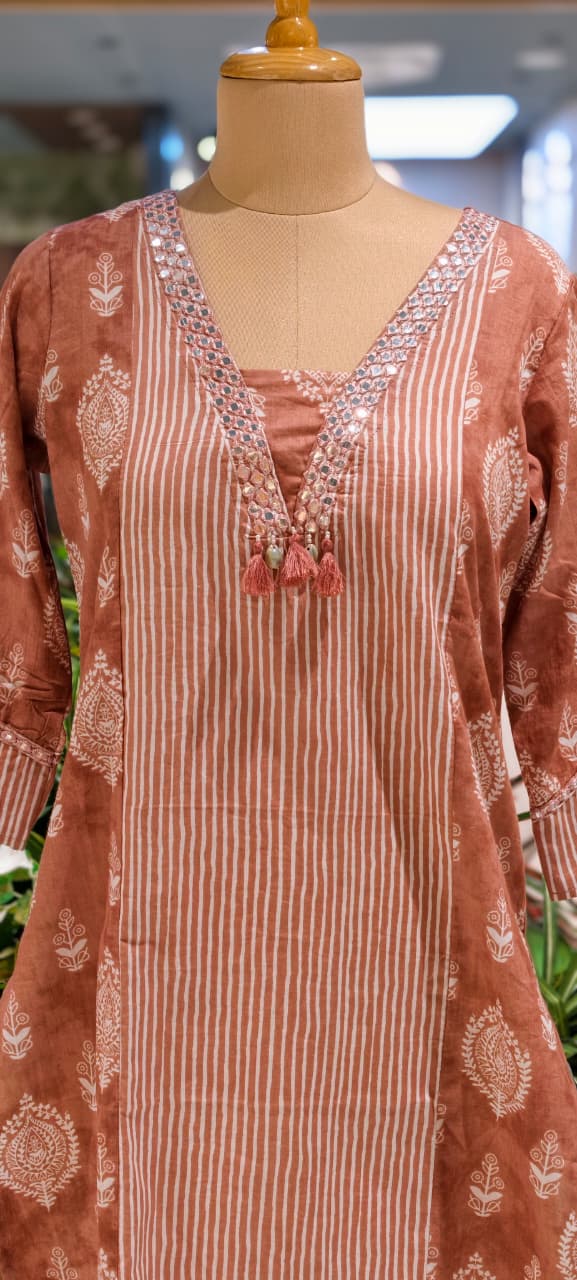 Linear Stripe & Printed Unique Glass Neck Line Tasseled Cotton Kurti Only-14273 RB241