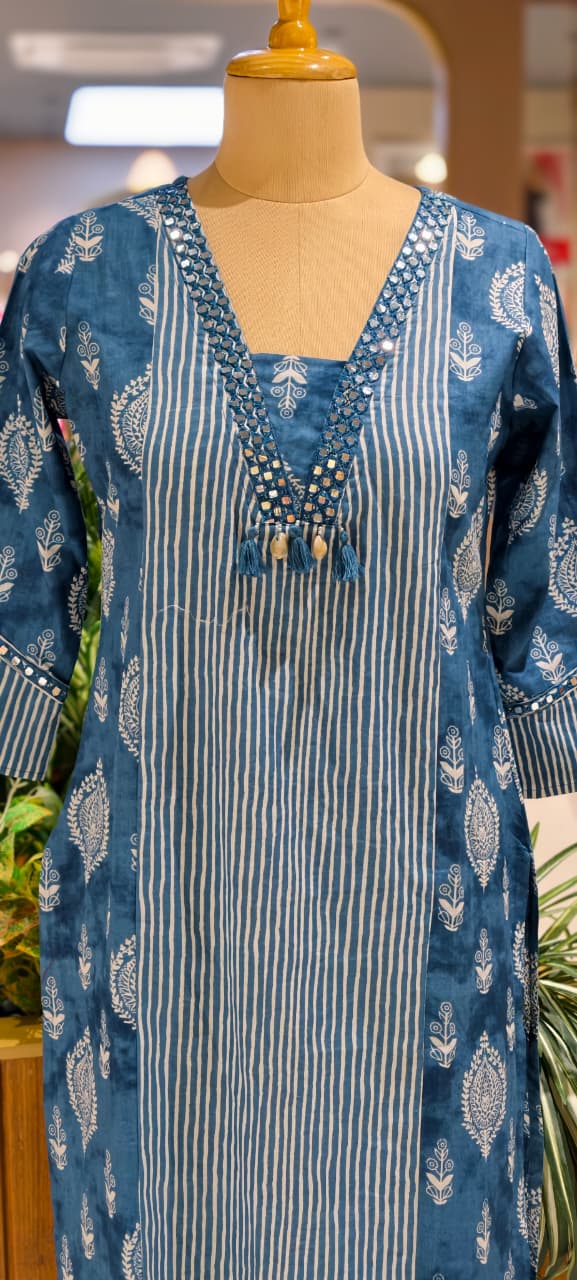 Linear Stripe & Printed Unique Glass Neck Line Tasseled Cotton Kurti Only-14273 RB241
