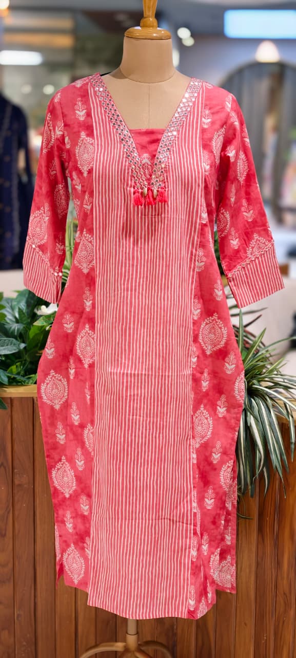 Linear Stripe & Printed Unique Glass Neck Line Tasseled Cotton Kurti Only-14273 RB241