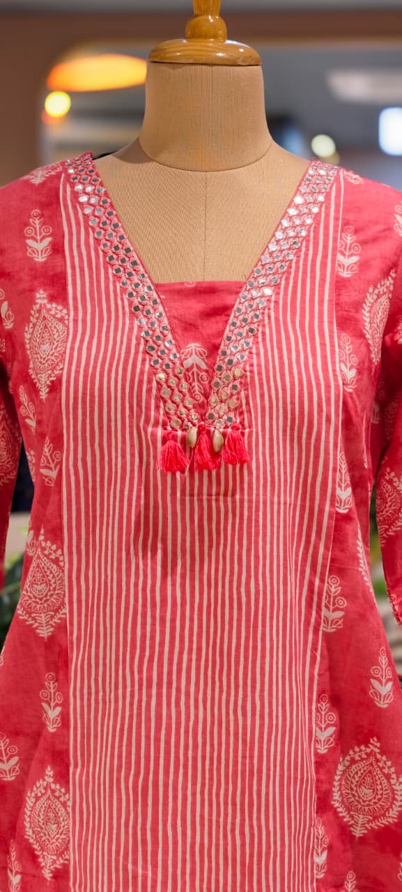 Linear Stripe & Printed Unique Glass Neck Line Tasseled Cotton Kurti Only-14273 RB241