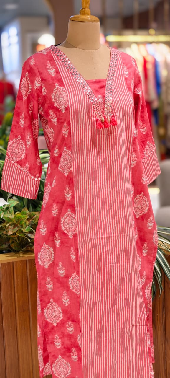 Linear Stripe & Printed Unique Glass Neck Line Tasseled Cotton Kurti Only-14273 RB241
