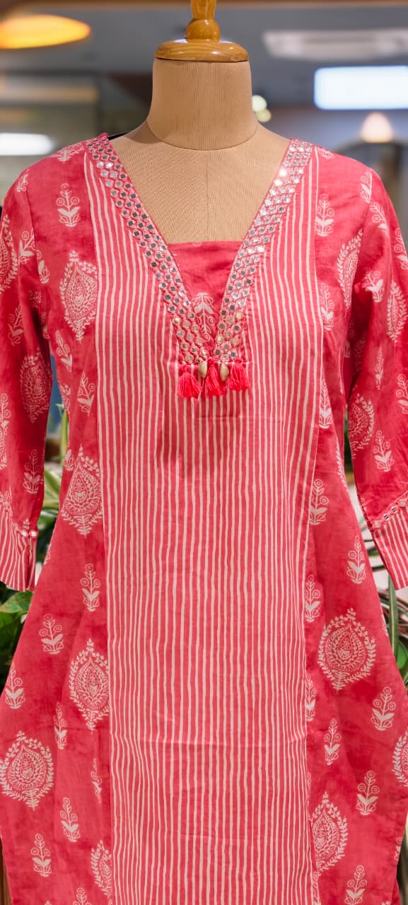 Linear Stripe & Printed Unique Glass Neck Line Tasseled Cotton Kurti Only-14273 RB241