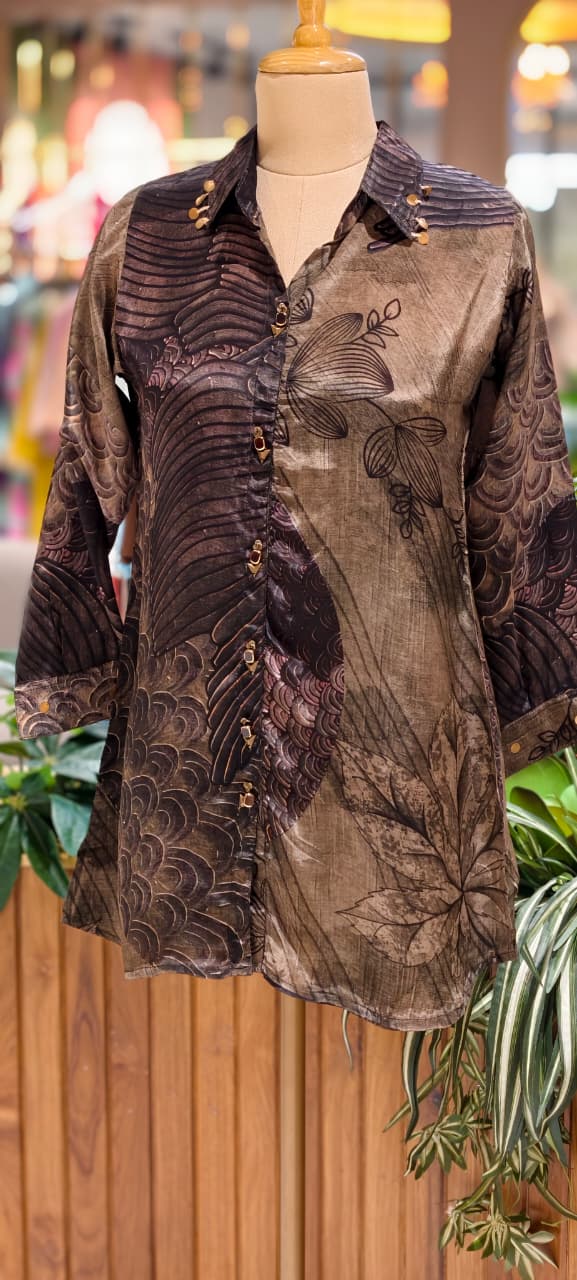 Classy Print Stunning Casual Crepe Shirt With Stylish Button & Coin Tassel-14381,87,82  RB244