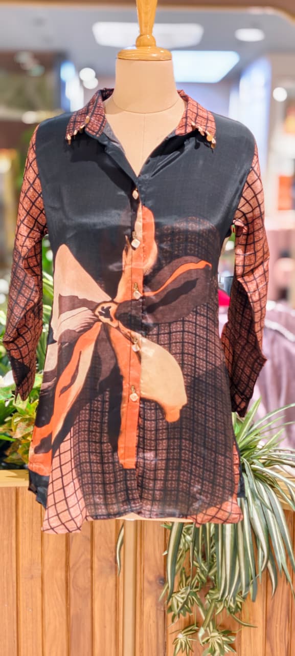 Classy Print Stunning Casual Crepe Shirt With Stylish Button & Coin Tassel-14381,87,82  RB244