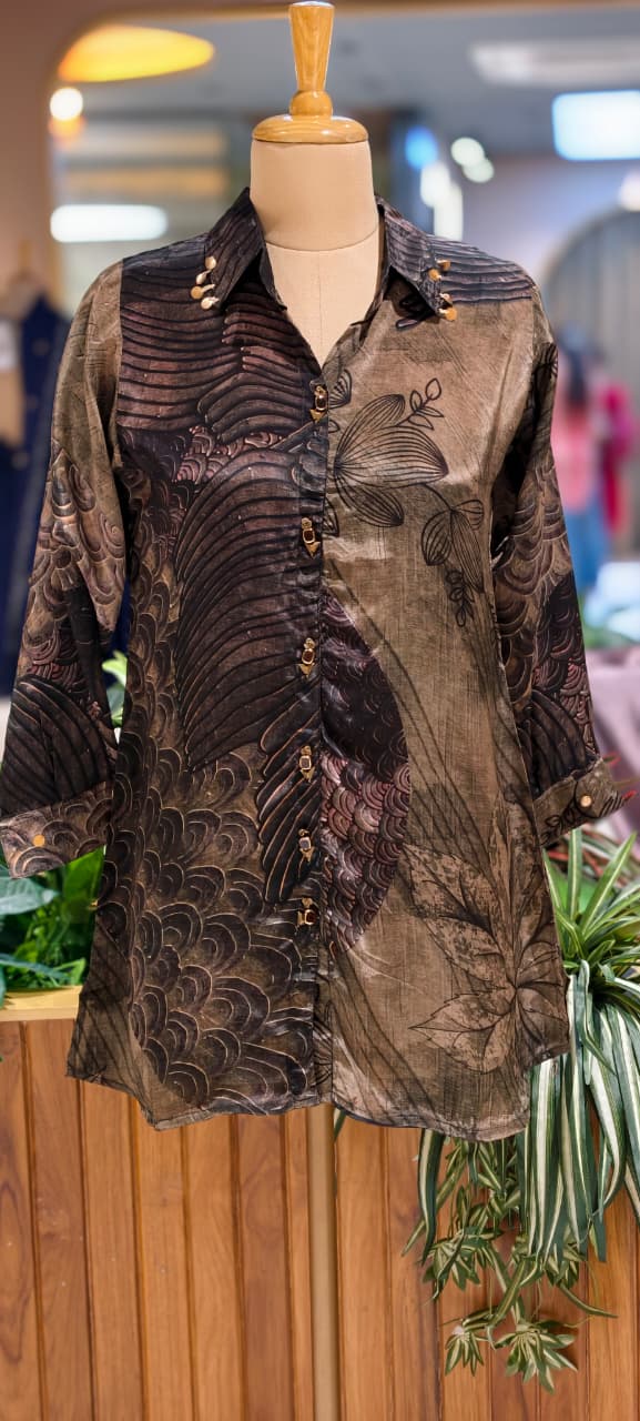 Classy Print Stunning Casual Crepe Shirt With Stylish Button & Coin Tassel-14381,87,82  RB244