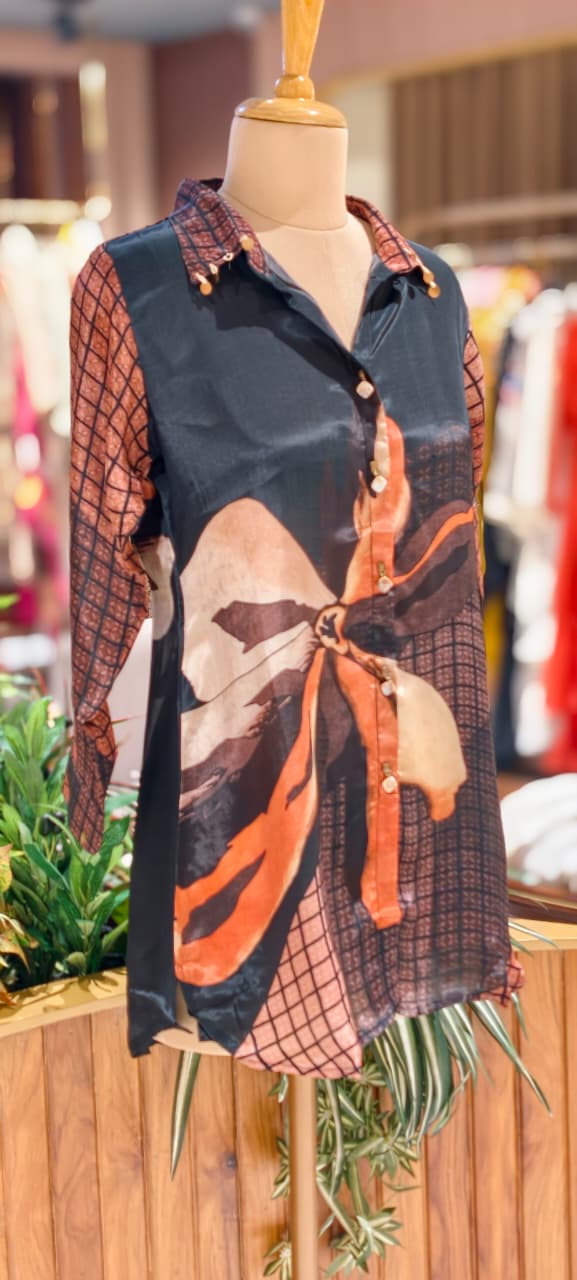 Classy Print Stunning Casual Crepe Shirt With Stylish Button & Coin Tassel-14381,87,82  RB244