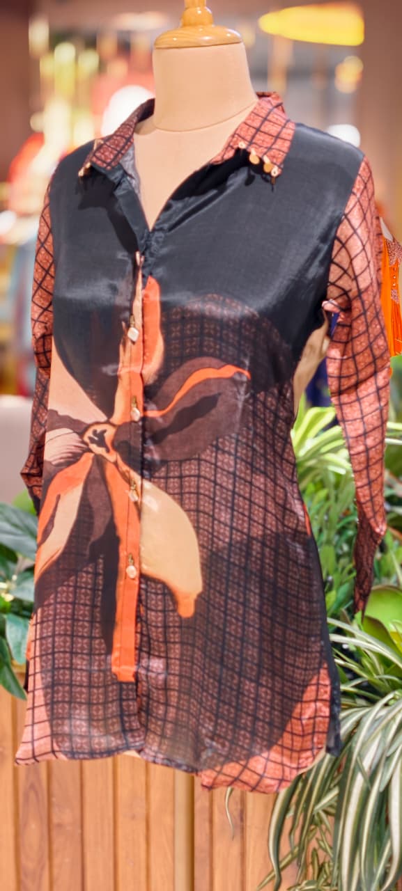 Classy Print Stunning Casual Crepe Shirt With Stylish Button & Coin Tassel-14381,87,82  RB244
