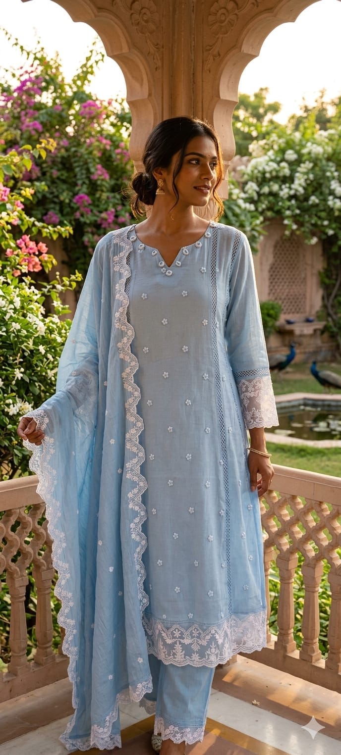 Mul Cotton Suttle Embroidery Soft Elegance A-Line Full Suit Set With Dupatta- 14308 RB234