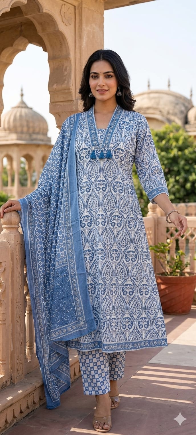 Upside Down Handblock Print V-Neck Tassel Accent A-Line Cotton Full Suit Set With Dupatta- 14301 RB324