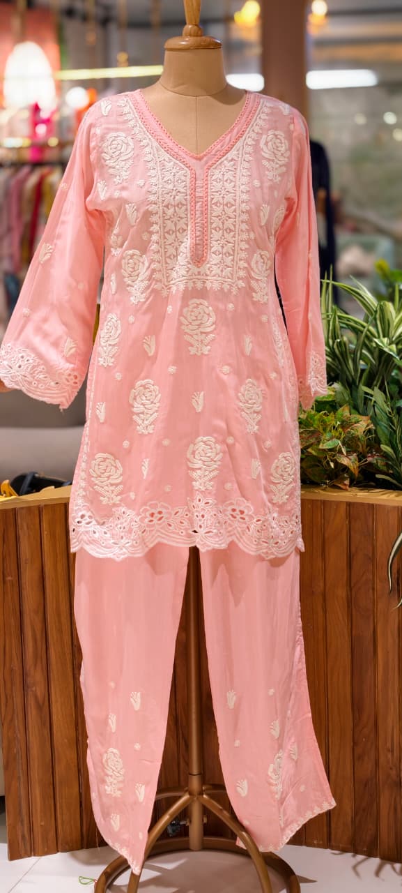 Pure Muslin Chikankari Work Summerish Tone Casual Wear Co-Ord Set-14394 RB221