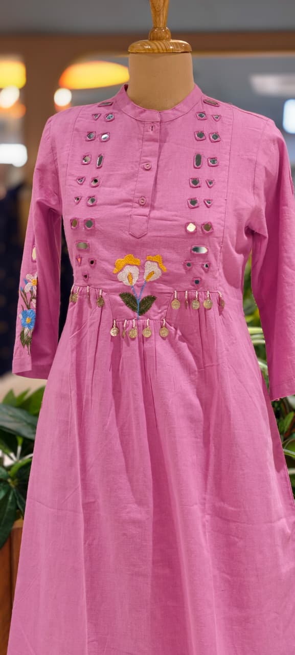 Floral Thread Embroidery Flex Cotton Kurta Pant Set with Mirror Work Detailing & Statement Tassel Accents- 14281 RB255