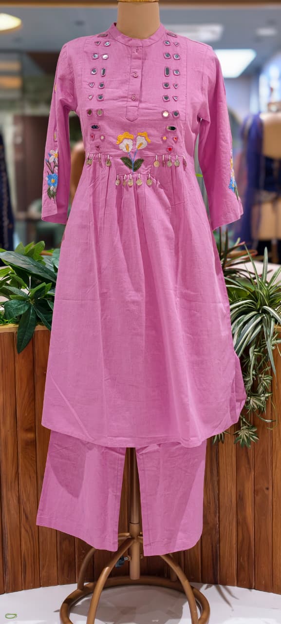 Floral Thread Embroidery Flex Cotton Kurta Pant Set with Mirror Work Detailing & Statement Tassel Accents- 14281 RB255