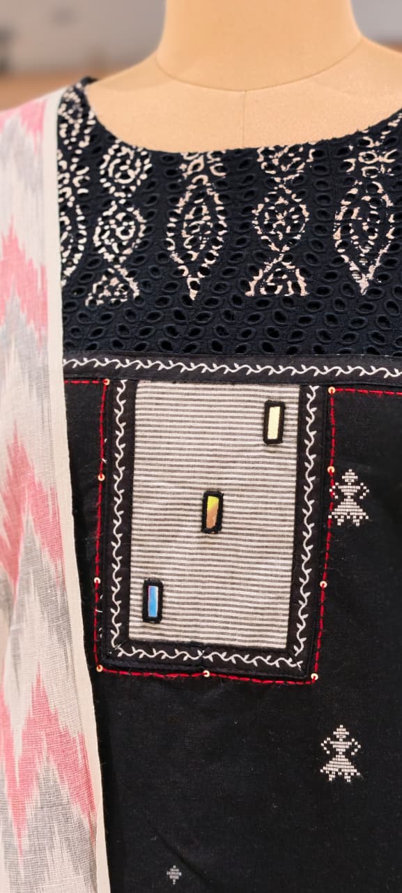 Glamrous Contrasted Black & White Embroidered Handloom Cotton Full Suit Set With Kota Doria Dupatta- 14351 RB266