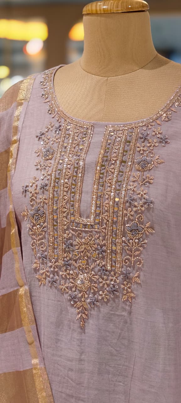 Pure Banarasi Mul Chanderi Suit Set with Handcrafted Zari Embroidery, Elegant Straight Silhouette & Luxe Gold Striped Dupatta-14313 RB261