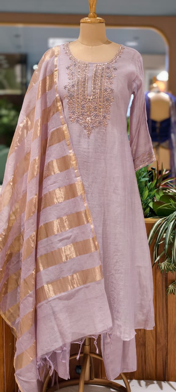 Pure Banarasi Mul Chanderi Suit Set with Handcrafted Zari Embroidery, Elegant Straight Silhouette & Luxe Gold Striped Dupatta-14313 RB261