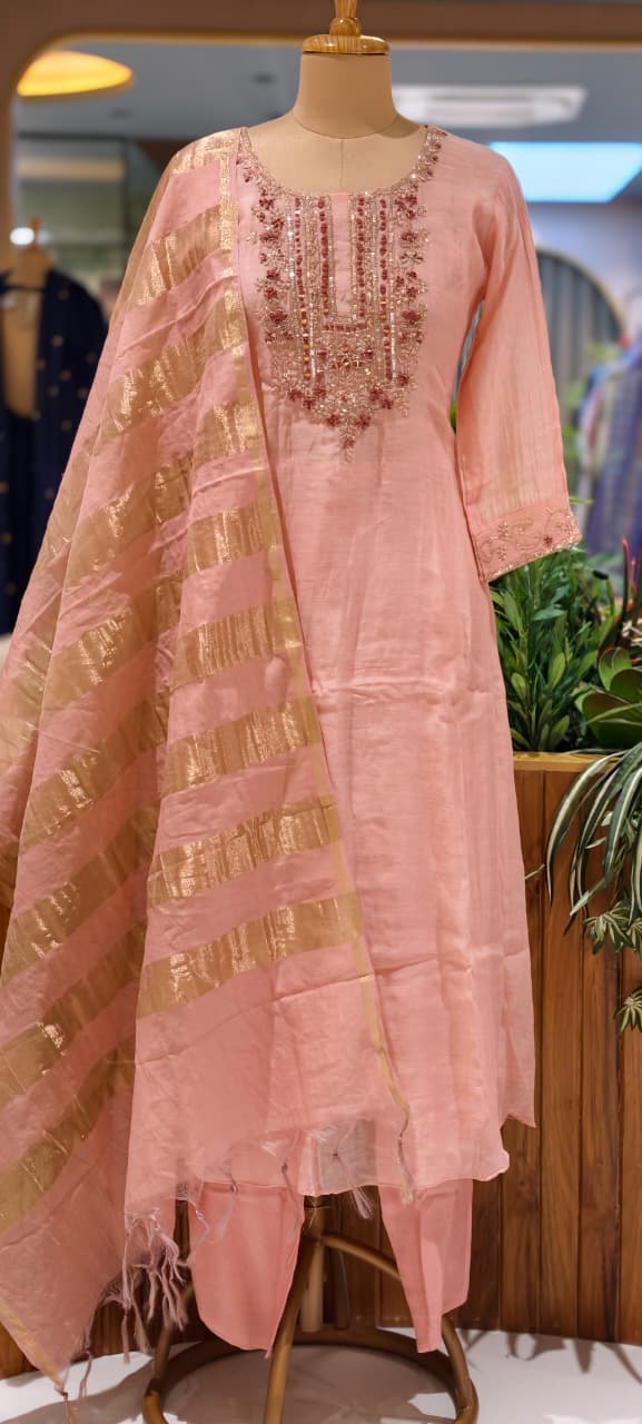 Pure Banarasi Mul Chanderi Suit Set with Handcrafted Zari Embroidery, Elegant Straight Silhouette & Luxe Gold Striped Dupatta-14313 RB261