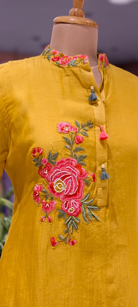 Hi Low Mustard Yellow Pure Banaras Mul Chanderi Kurta Set with Handcrafted Floral Embroidery-14240 RB258