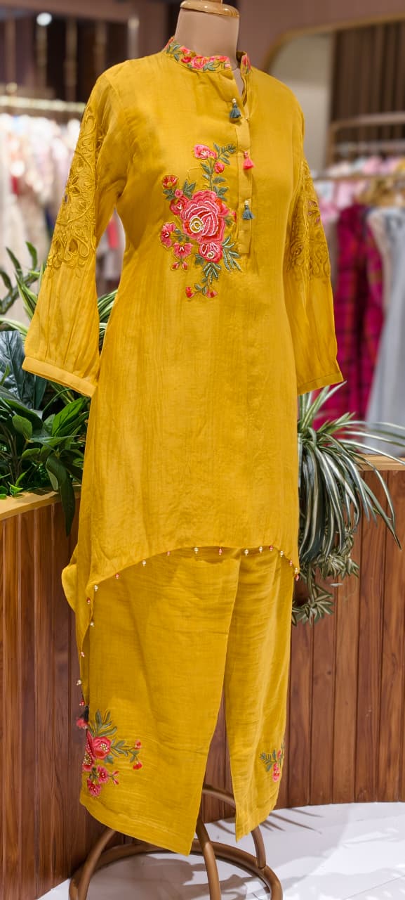 Hi Low Mustard Yellow Pure Banaras Mul Chanderi Kurta Set with Handcrafted Floral Embroidery-14240 RB258