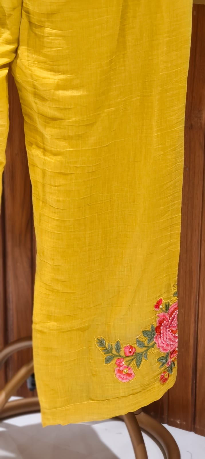 Hi Low Mustard Yellow Pure Banaras Mul Chanderi Kurta Set with Handcrafted Floral Embroidery-14240 RB258