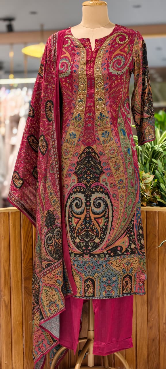 Designer Suit Set with Intricate Paisley & Mughal-Inspired Prints, Ornate Neck Panel Detailing  & Rich Printed Dupatta-14358 RB267