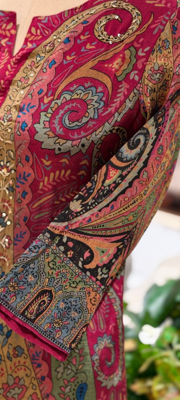 Designer Suit Set with Intricate Paisley & Mughal-Inspired Prints, Ornate Neck Panel Detailing  & Rich Printed Dupatta-14358 RB267