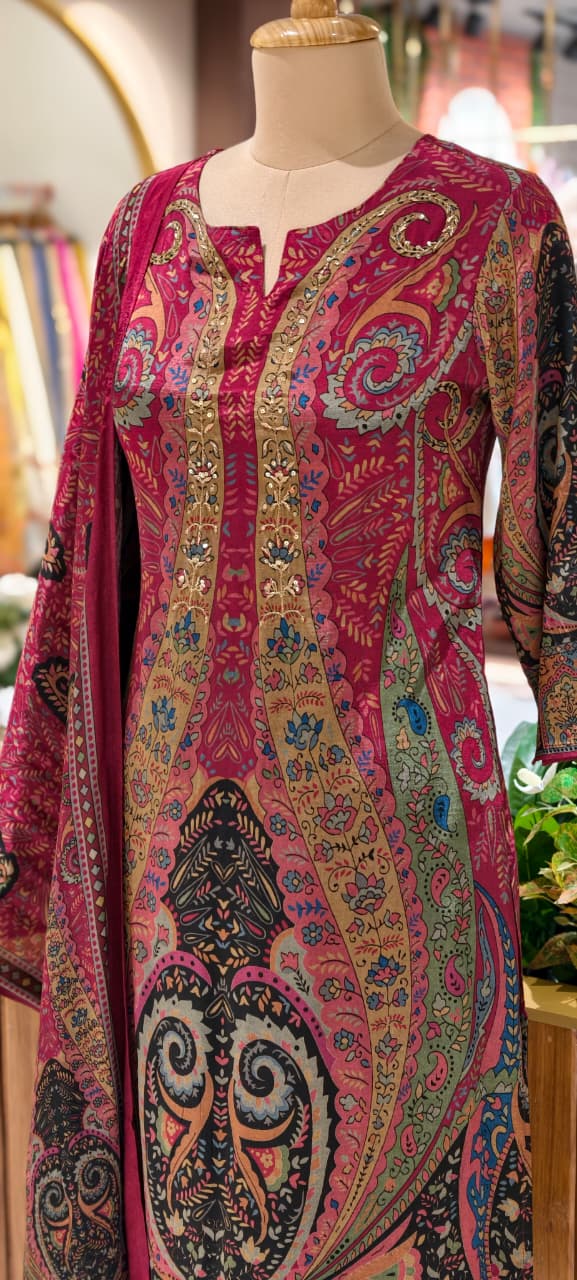 Designer Suit Set with Intricate Paisley & Mughal-Inspired Prints, Ornate Neck Panel Detailing  & Rich Printed Dupatta-14358 RB267