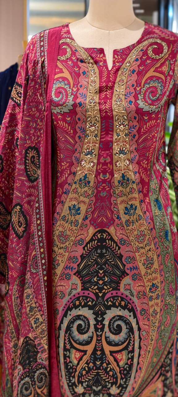 Designer Suit Set with Intricate Paisley & Mughal-Inspired Prints, Ornate Neck Panel Detailing  & Rich Printed Dupatta-14358 RB267