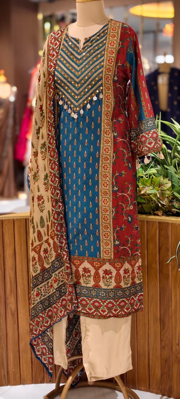 Royal Teal & Crimson Ethnic Muslin Full Suit Set with Intricate Traditional Prints, Embellished Neckline & Rich Floral Dupatta-14347 RB273