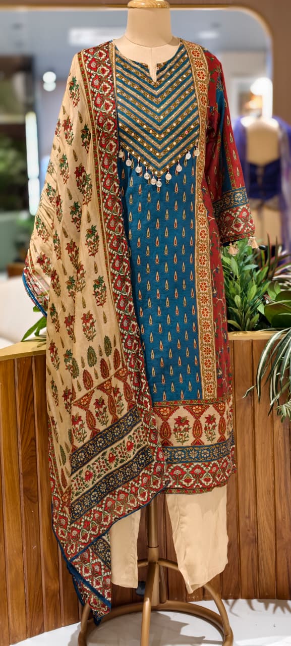 Royal Teal & Crimson Ethnic Muslin Full Suit Set with Intricate Traditional Prints, Embellished Neckline & Rich Floral Dupatta-14347 RB273