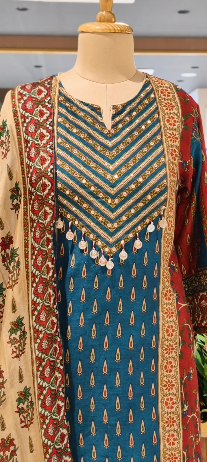 Royal Teal & Crimson Ethnic Muslin Full Suit Set with Intricate Traditional Prints, Embellished Neckline & Rich Floral Dupatta-14347 RB273
