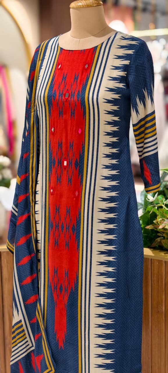 Indigo & Crimson Muslin Suit Set with Bold Ikat-Inspired Prints, Statement Panel Design & Coordinated Printed Dupatta-14359 RB269