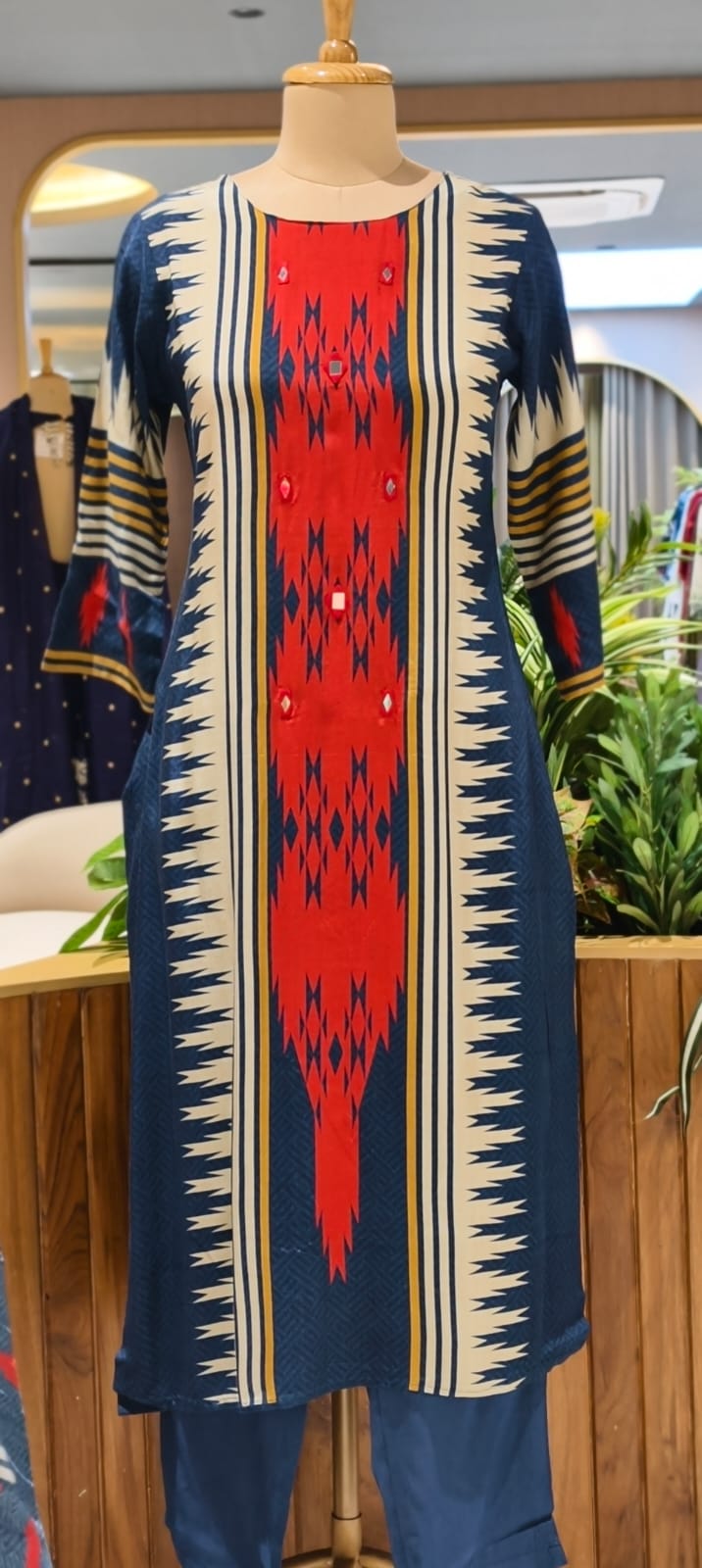 Indigo & Crimson Muslin Suit Set with Bold Ikat-Inspired Prints, Statement Panel Design & Coordinated Printed Dupatta-14359 RB269