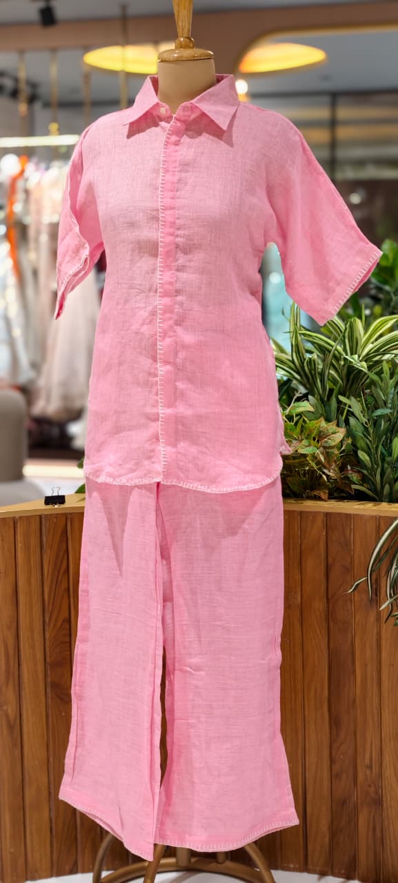 Bold Pure Linen Co-Ord Set Featuring Structured Shirt-Style Top with  Comfortable Straight Fit Trousers-14416 RB251