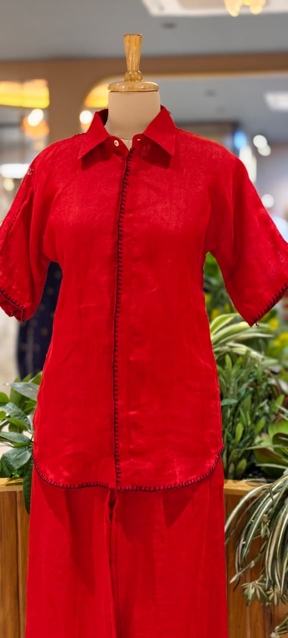 Bold Pure Linen Co-Ord Set Featuring Structured Shirt-Style Top with  Comfortable Straight Fit Trousers-14416 RB251