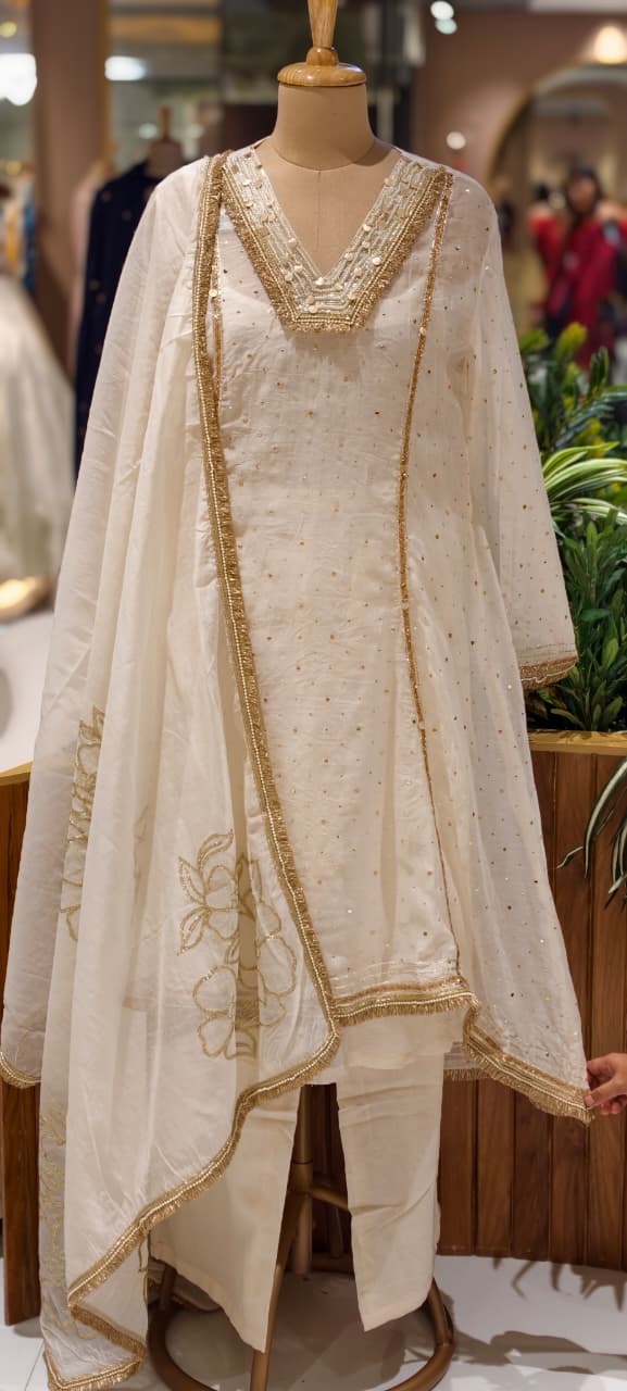 Ivory Golden Intricate Zari Embroidery Premium A-Line Full Suit Set with Separate Inner & Elegant Organza Dupatta- 14291 RB259