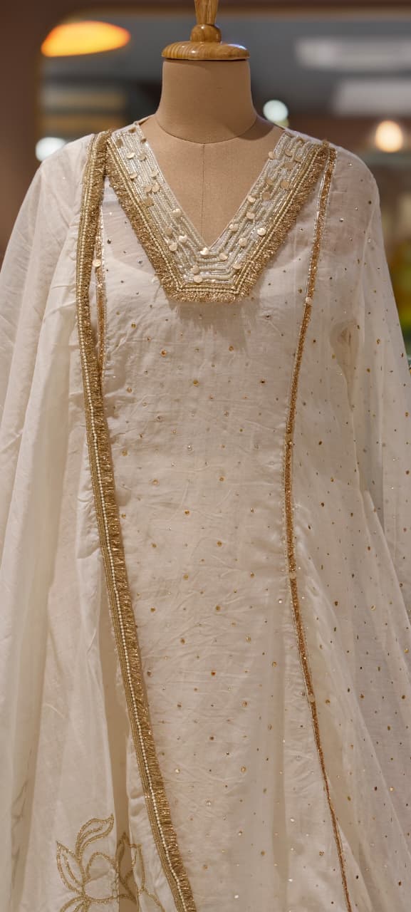 Ivory Golden Intricate Zari Embroidery Premium A-Line Full Suit Set with Separate Inner & Elegant Organza Dupatta- 14291 RB259