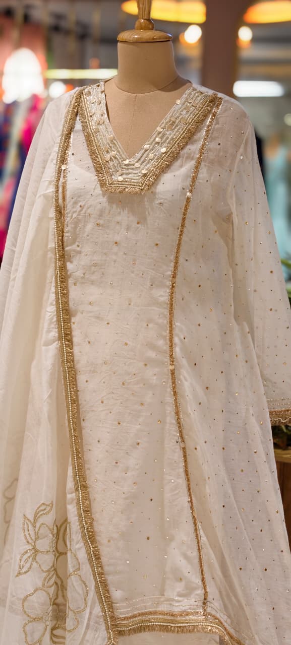 Ivory Golden Intricate Zari Embroidery Premium A-Line Full Suit Set with Separate Inner & Elegant Organza Dupatta- 14291 RB259