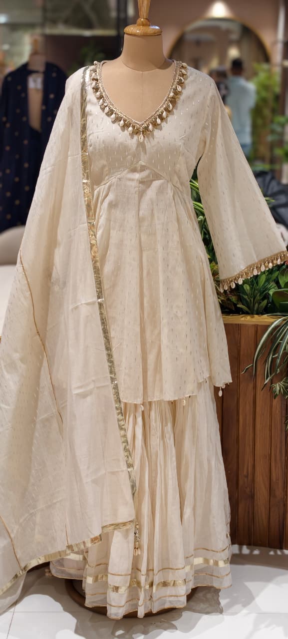 Ivory Luxe Premium Sharara Set with Handcrafted Shell Embellishments, Zari Detailing & Elegant Dupatta- 14325 RB260