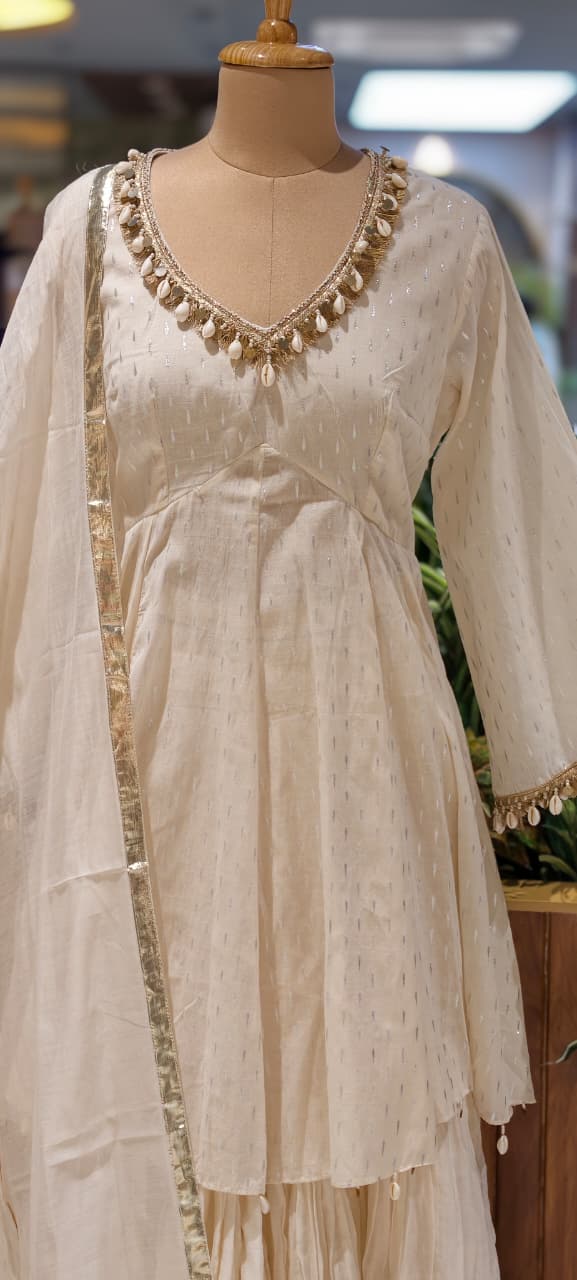 Ivory Luxe Premium Sharara Set with Handcrafted Shell Embellishments, Zari Detailing & Elegant Dupatta- 14325 RB260