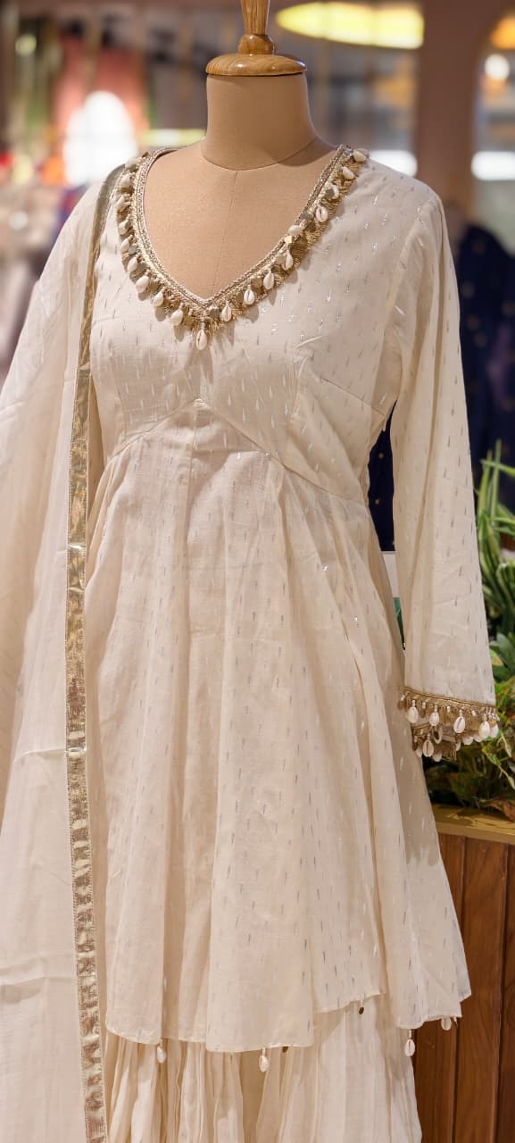 Ivory Luxe Premium Sharara Set with Handcrafted Shell Embellishments, Zari Detailing & Elegant Dupatta- 14325 RB260