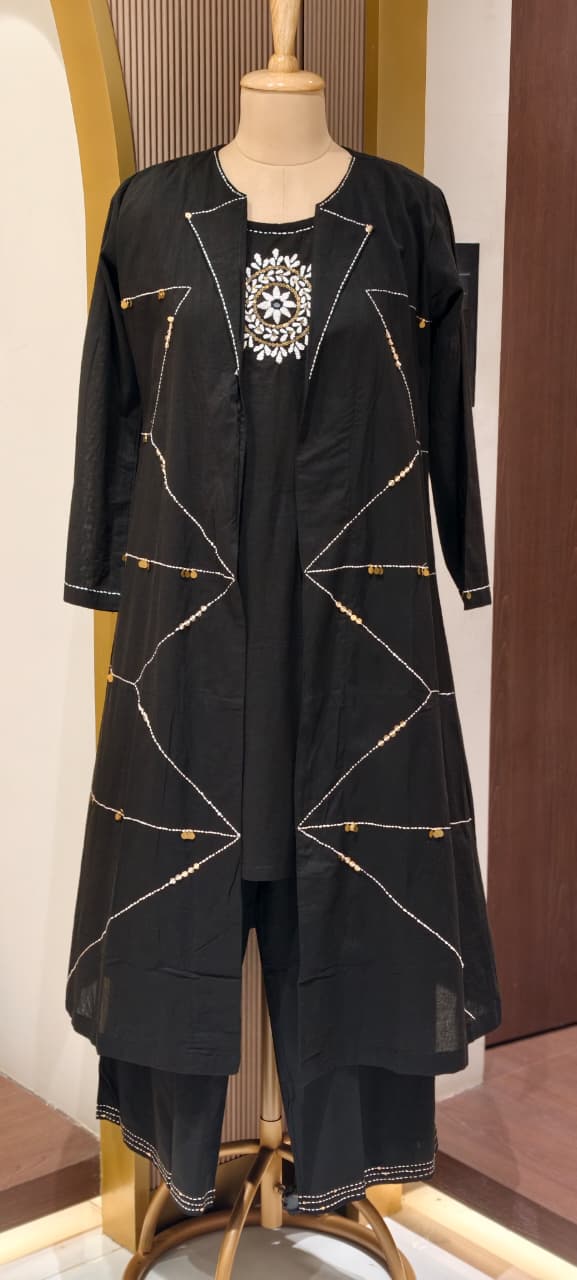 Handloom Cotton Layered Kurta Pant Set with Embroidered Inner, Handcrafted Stitch Detailing & Statement Overlay Detechable Jacket- 14409 RB256