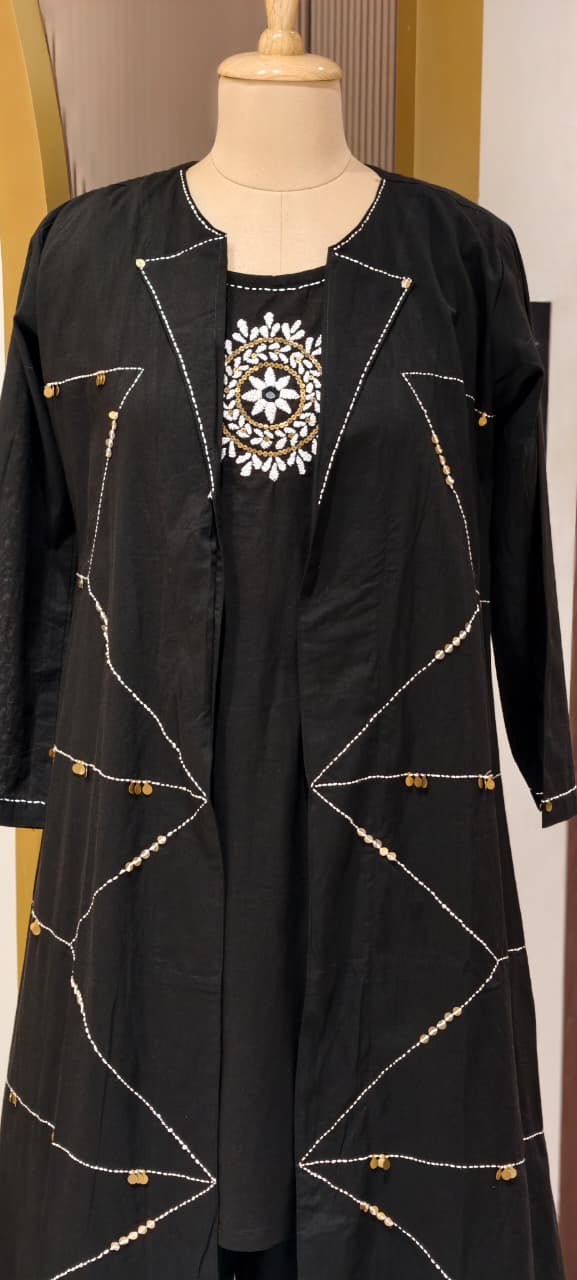 Handloom Cotton Layered Kurta Pant Set with Embroidered Inner, Handcrafted Stitch Detailing & Statement Overlay Detechable Jacket- 14409 RB256