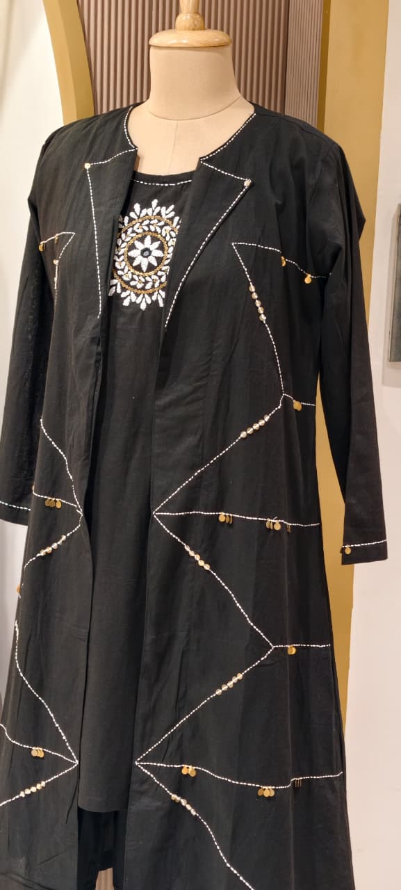 Handloom Cotton Layered Kurta Pant Set with Embroidered Inner, Handcrafted Stitch Detailing & Statement Overlay Detechable Jacket- 14409 RB256