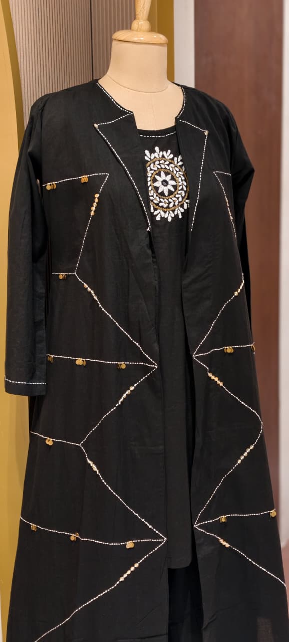 Handloom Cotton Layered Kurta Pant Set with Embroidered Inner, Handcrafted Stitch Detailing & Statement Overlay Detechable Jacket- 14409 RB256