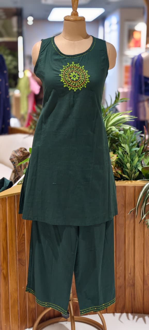 Handloom Cotton Layered Kurta Pant Set with Embroidered Inner, Handcrafted Stitch Detailing & Statement Overlay Detechable Jacket- 14409 RB256