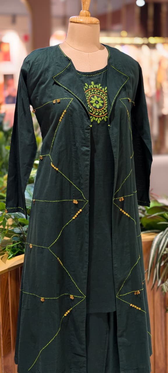 Handloom Cotton Layered Kurta Pant Set with Embroidered Inner, Handcrafted Stitch Detailing & Statement Overlay Detechable Jacket- 14409 RB256