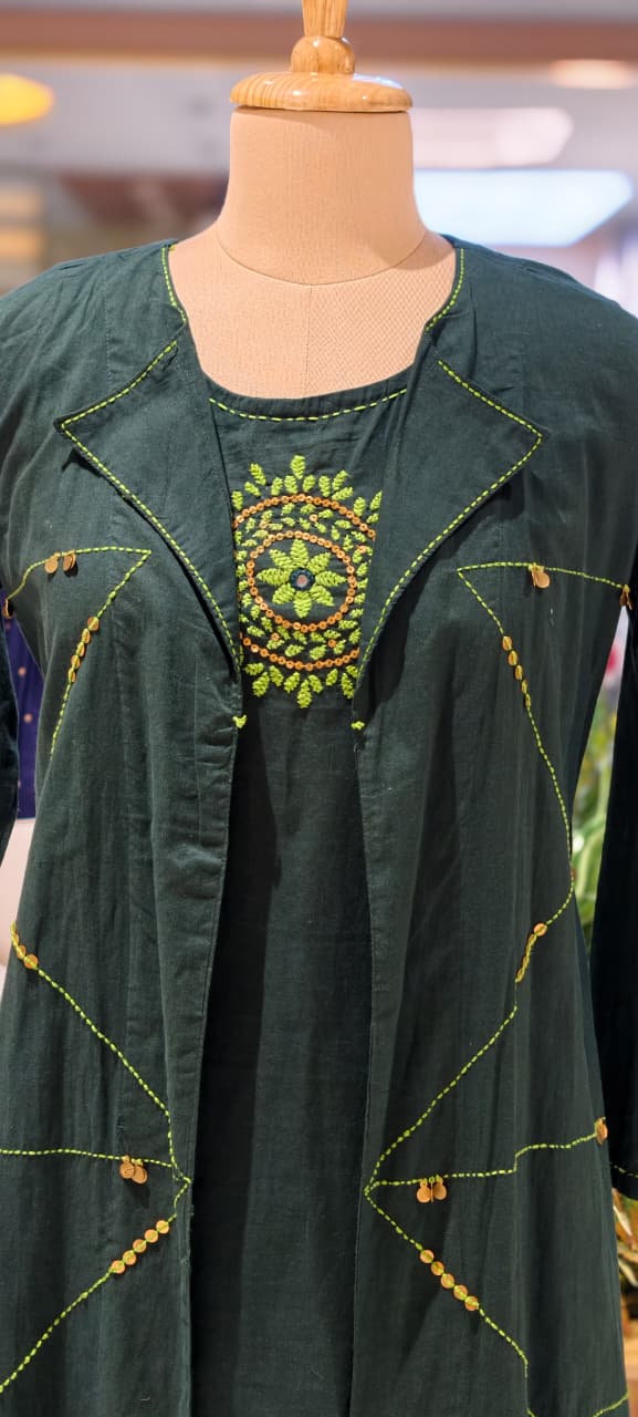 Handloom Cotton Layered Kurta Pant Set with Embroidered Inner, Handcrafted Stitch Detailing & Statement Overlay Detechable Jacket- 14409 RB256