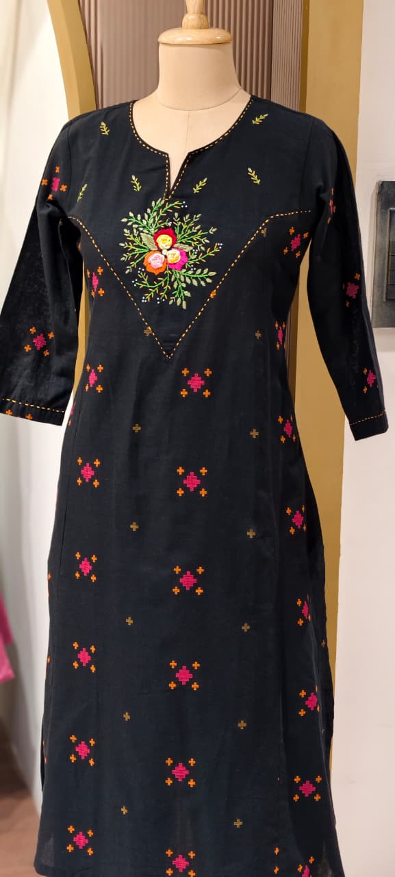 Handloom Cotton Handcrafted Floral Yoke, Subtle Motif Detailing Kurta With Straight Fit Pant- 14410 RB257